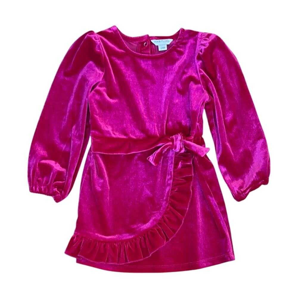 Habitual Girl Faux Wrap Velour Dress Velvet Ruffled Bow Dark Pink 24 Months